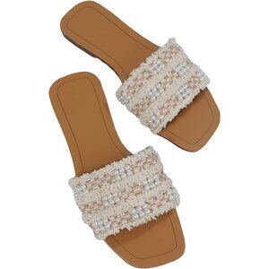 Women's Tan Brown Block Faux Pearls Decor Summer Beach Flat Slides Sandals Shoes